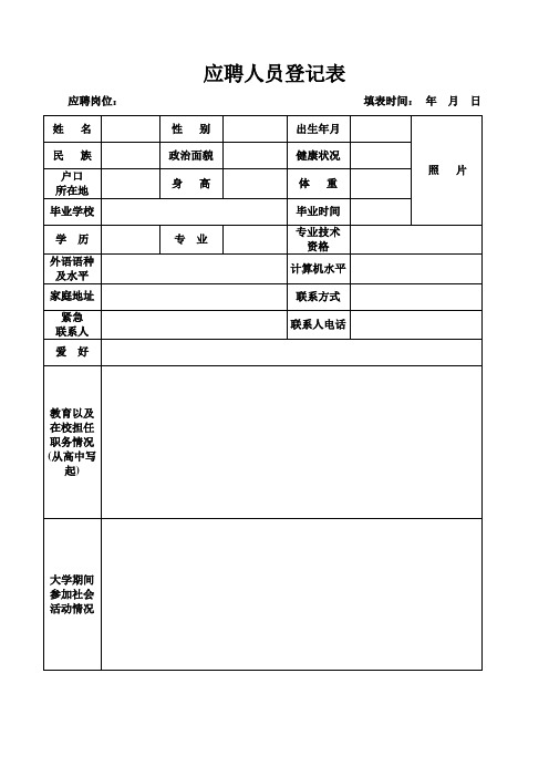 校园招聘应聘人员登记表