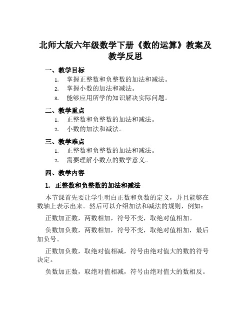 北师大版六年级数学下册《数的运算》教案及教学反思