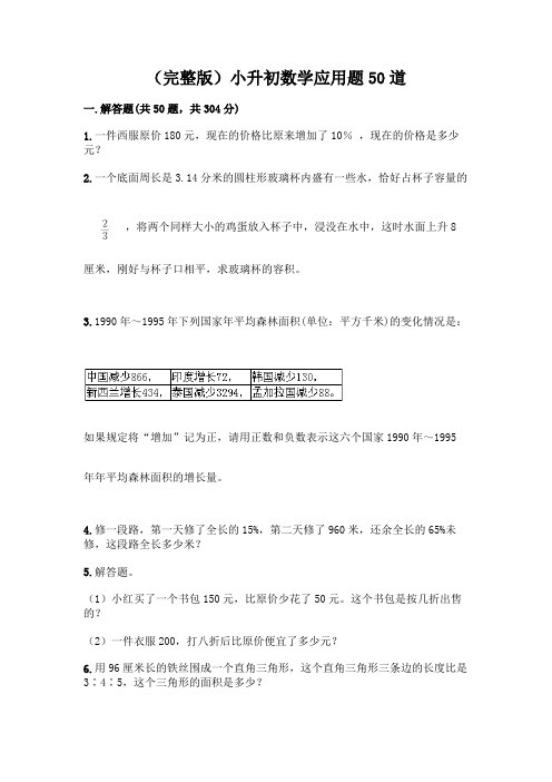 (完整版)小升初数学应用题50道(典型题)word版