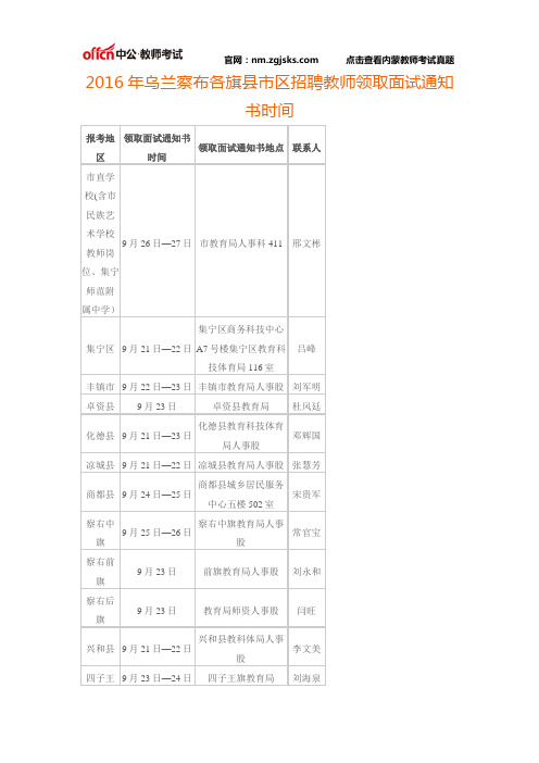 2016年乌兰察布各旗县市区招聘教师领取面试通知书时间