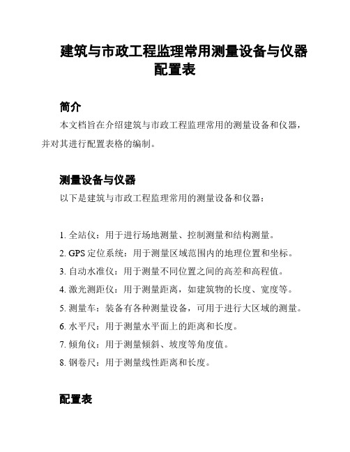 建筑与市政工程监理常用测量设备与仪器配置表