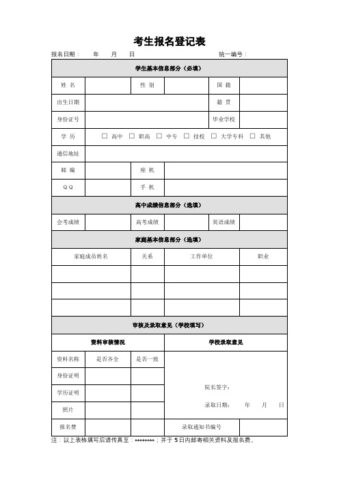 考生报名登记表【模板】