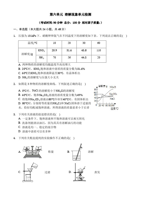 沪教版九年级化学下册第六单元溶解现象单元检测单元测试(包含答案)