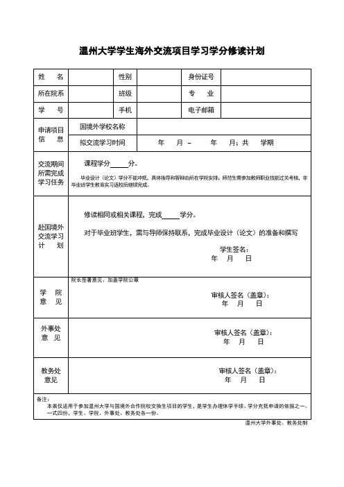 温州大学学生海外交流项目学习学分修读计划