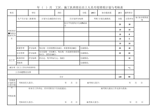 施工队班组长以上人员月度绩效计划与考核表