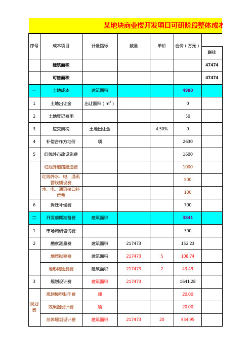 某商业楼开发项目可研阶段成本测算实例(自动计算表格)