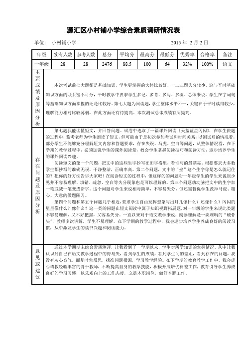 一年级期末考试语文卷面分析