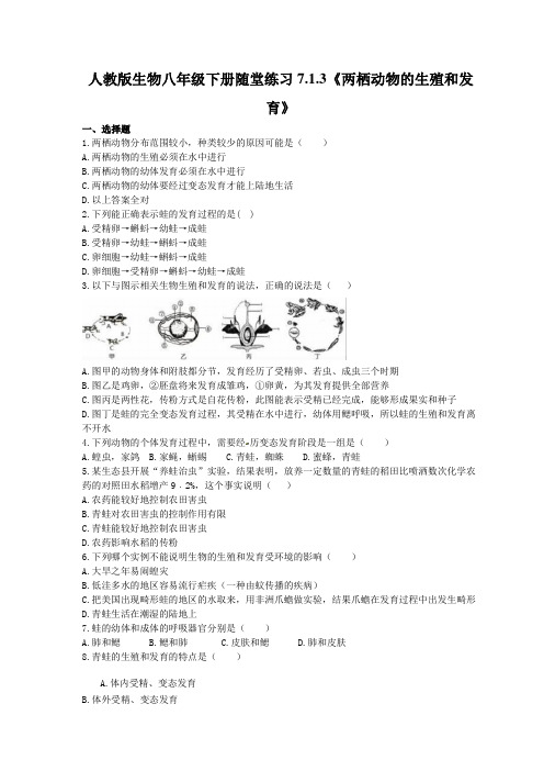 人教版生物八年级下册7.1.3《两栖动物的生殖和发育》随堂练习(含答案)