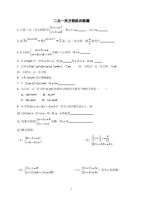 沪科版七年级数学上册二元一次方程组训练题