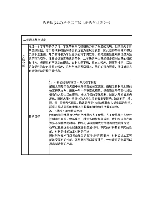 2023教科版(2017)科学二年级上册教学计划(三篇)