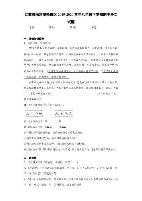 江苏省南京市栖霞区2019~2020学年八年级下学期期中语文试题