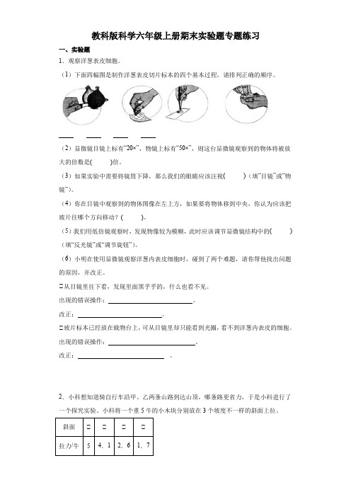 教科版六年级上册科学期末实验题专题练习(含答案)