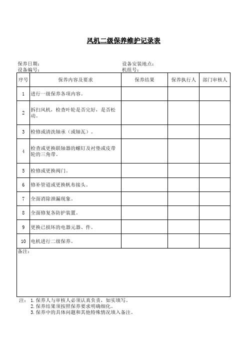 风机二级保养维护记录表通用版