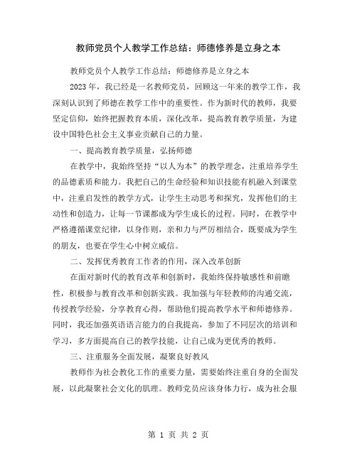 教师党员个人教学工作总结：师德修养是立身之本