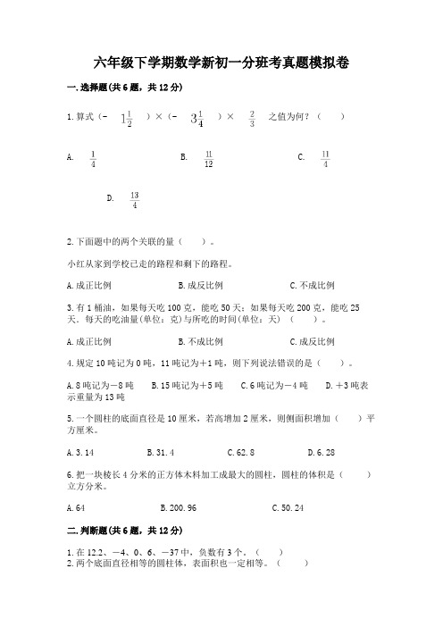 六年级下学期数学新初一分班考真题模拟卷精品(有一套)