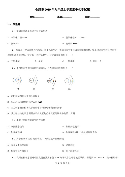 合肥市2019年九年级上学期期中化学试题