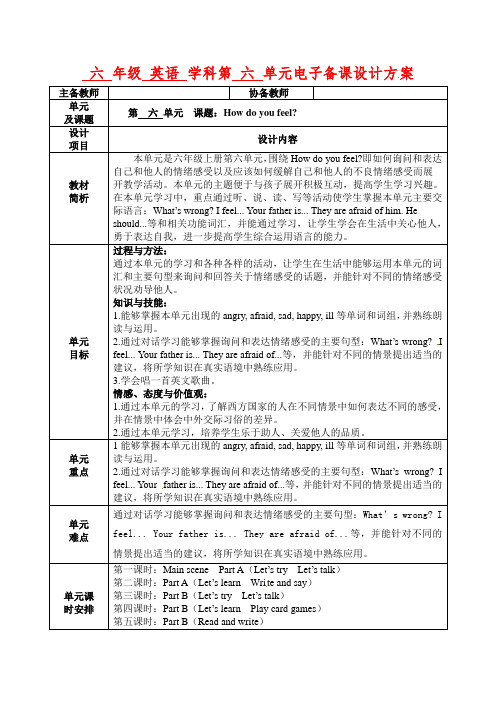 人教(PEP)六年级上册英语Unit6 How do you feel 单元教案