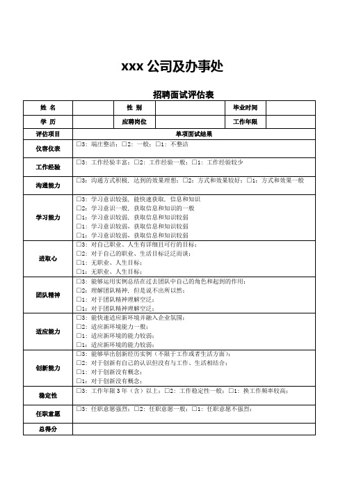 公司人员面试评估表