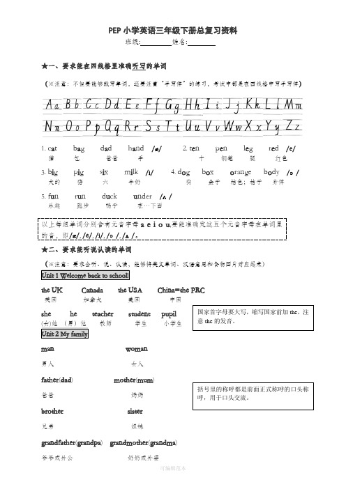 人教版EPE小学英语三年级下册总复习资料