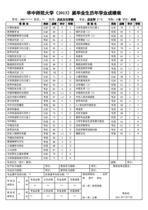 华中师范大学学生学业成绩表(模板)