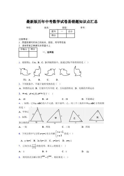 2019最新版历年中考数学试卷易错题知识点汇总525055