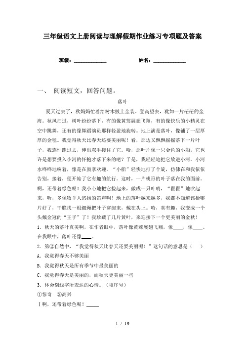 三年级语文上册阅读与理解假期作业练习专项题及答案