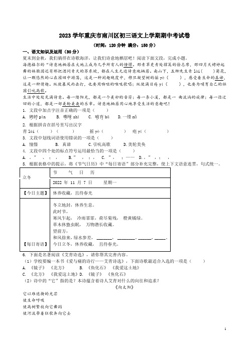 2023学年重庆市南川区初三语文上学期期中考试卷附答案解析