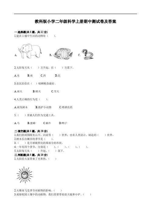 教科版小学二年级科学上册期中测试卷及答案