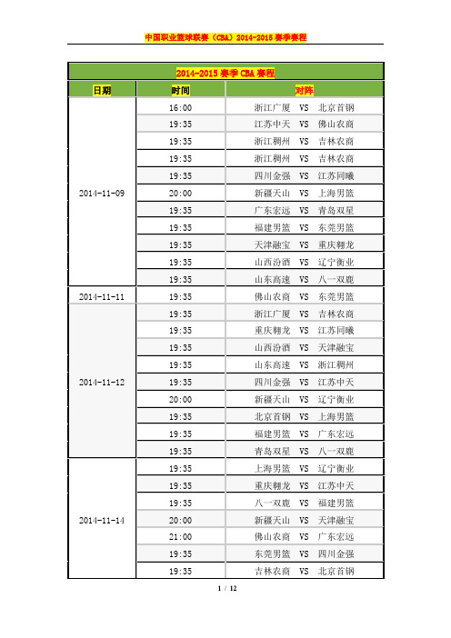 中职篮(CBA)2014-2015赛季赛程