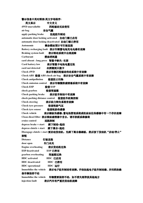 汽车警示信息中英对照表