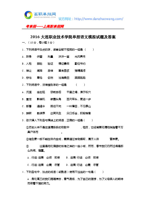 2016大连职业技术学院单招语文模拟试题及答案