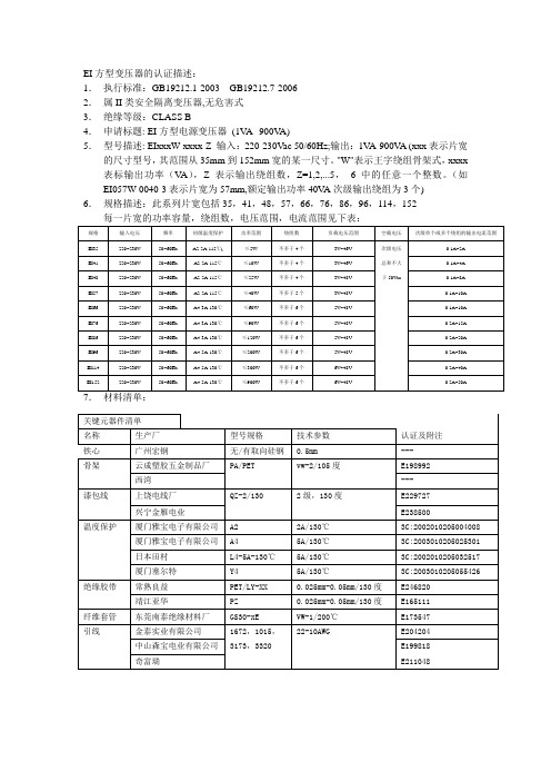 EI方型变压器的认证描述