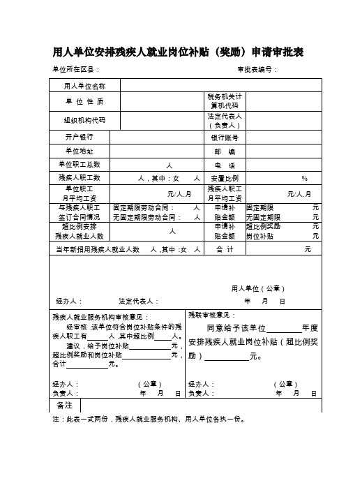 用人单位安排残疾人就业岗位补贴(奖励)申请审批表.