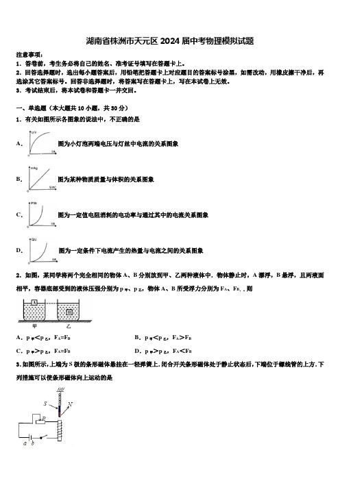 湖南省株洲市天元区2024届中考物理模拟试题含解析