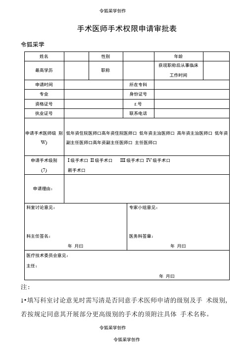 手术权限申请审批表及手术资质授权模板