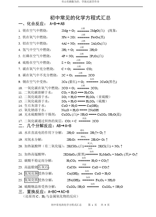 初中常见的化学方程式(全)(1)