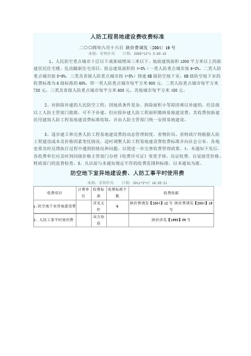 人防工程易地建设费收费标准(陕西省)