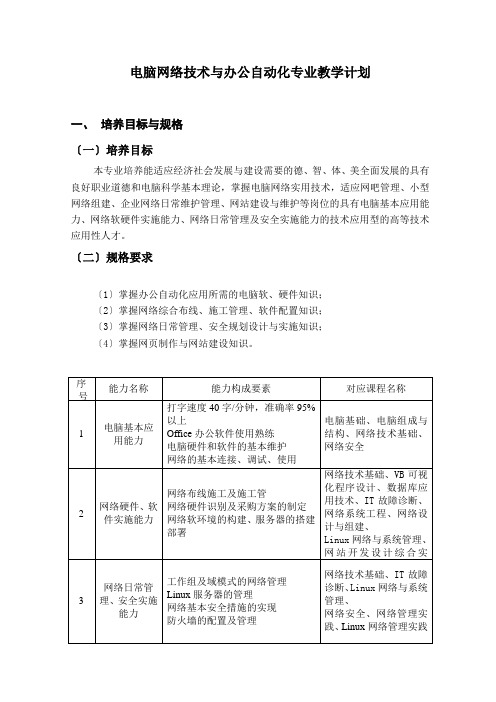 计算机网络技术与办公自动化专业教学计划