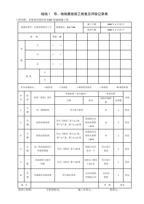 导、地线展放施工检查及评级记录表