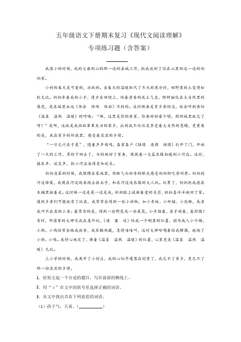 五年级语文下册期末复习《现代文阅读理解》专项练习题(含答案)