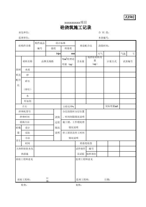 砼浇筑施工记录