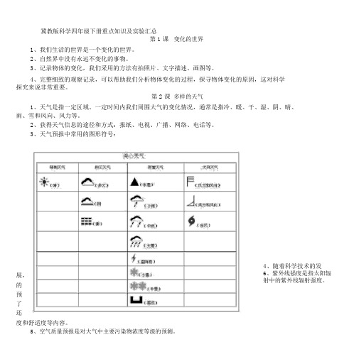 冀教版科学四年级下册重点知识