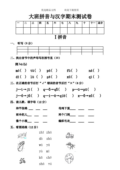 幼儿园大班拼音与汉字期末测试卷