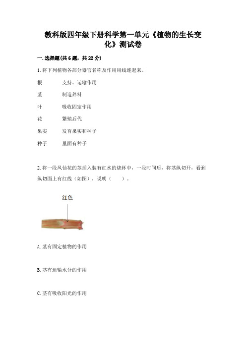 教科版四年级下册科学第一单元《植物的生长变化》测试卷及完整答案(全优)