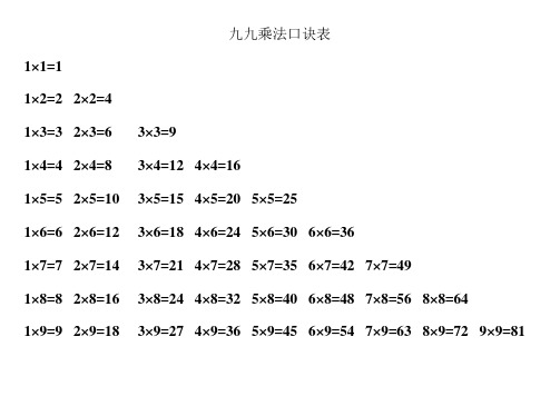 二年级上册九九乘法口诀表(语文版和数学版).doc