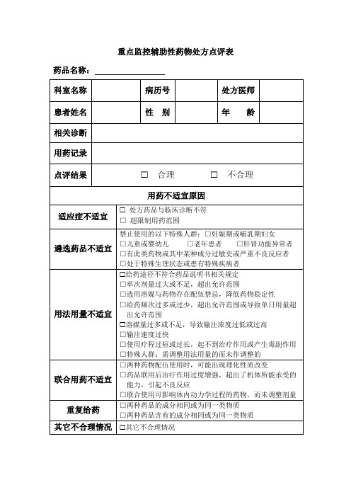 重点监控辅助性药物处方点评表