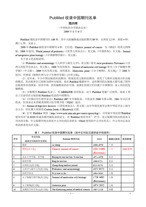 PubMed收录中国期刊名单