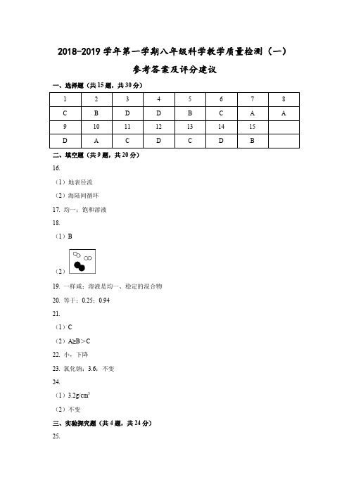 浙江省衢州市2018-2019学年第一学期八年级科学教学质量检测一参考答案及评分建议