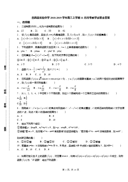 岳西县实验中学2018-2019学年高三上学期11月月考数学试卷含答案