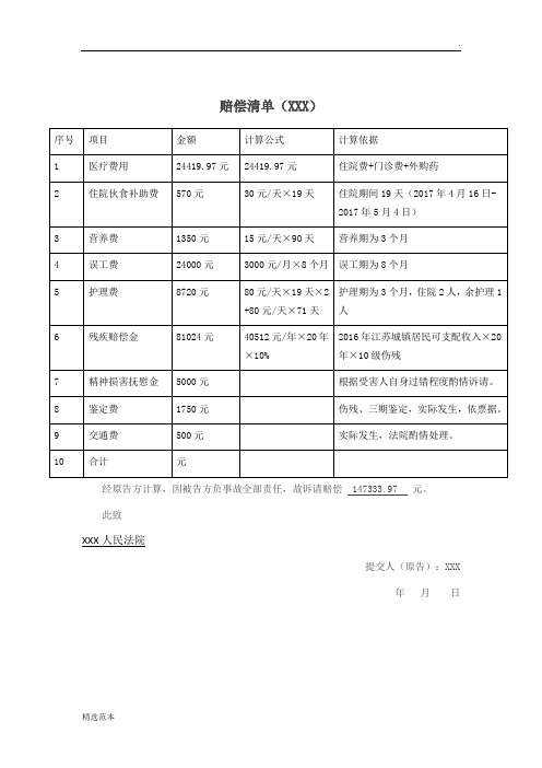 交通事故赔偿清单